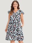 Colour Leopard Print Pocket Ruffle Cap Sleeve Dress