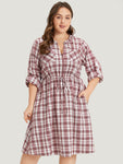 Plaid Drawstring Zipper Notched Tab Sleeve Dress