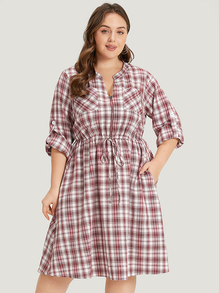 Drawstring Notched Collar Plaid Print Dress