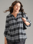 Plaid Notched Button Up Tab Sleeve Blouse