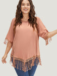 Plain Round Neck Asymmetrical Lace Fringe Hem Blouse