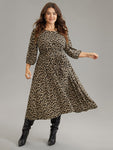 Belted Animal Leopard Print Elasticized Waistline Round Neck Dress