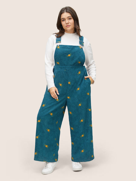 Spaghetti Strap Pocketed Embroidered Floral Print Corduroy Jumpsuit