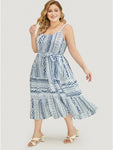 Geometric Print Pocketed Tiered Belted Flutter Sleeves Spaghetti Strap Dress