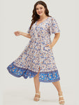 PomPom Trim General Print Pocketed Wrap Dress With Ruffles