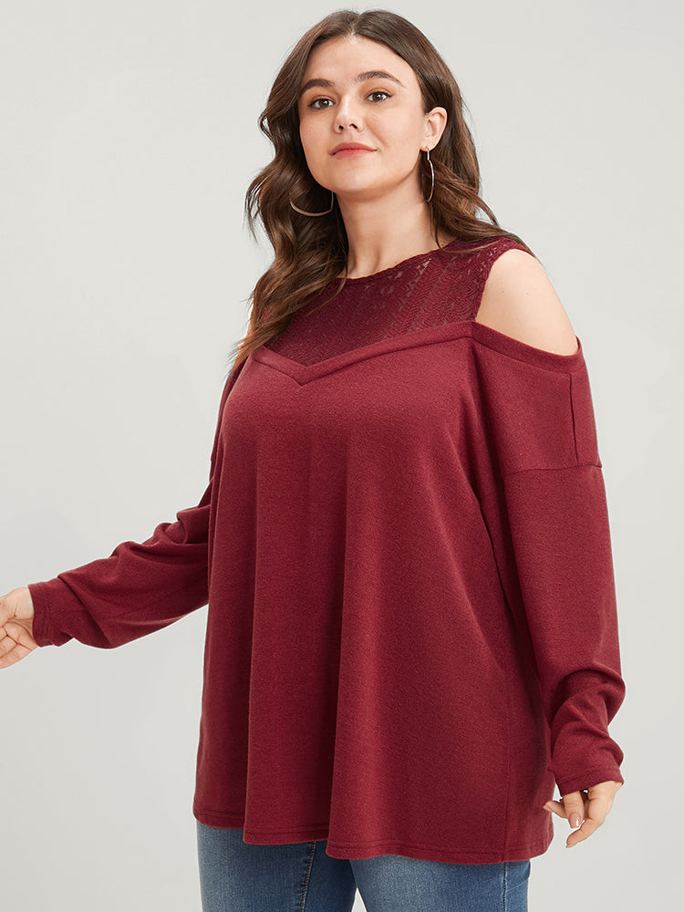 

Plus Size Women Dailywear Plain Lace Regular Regular Sleeve Long Sleeve Round Neck Elegance Sweatshirts BloomChic, Burgundy