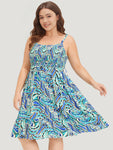 Belted Shirred Pocketed General Print Spaghetti Strap Dress