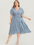 Polka Dots Print Pocketed Belted Dress With Ruffles