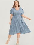 Belted Pocketed Polka Dots Print Dress With Ruffles