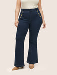 Dark Wash Zipper Button Detail Flare Leg Jeans