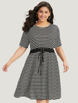 Striped Print Round Neck Pocketed Dress by Bloomchic Limited