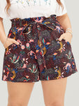 Cat & Floral Print Paperbag Waist Belted Pocket Shorts