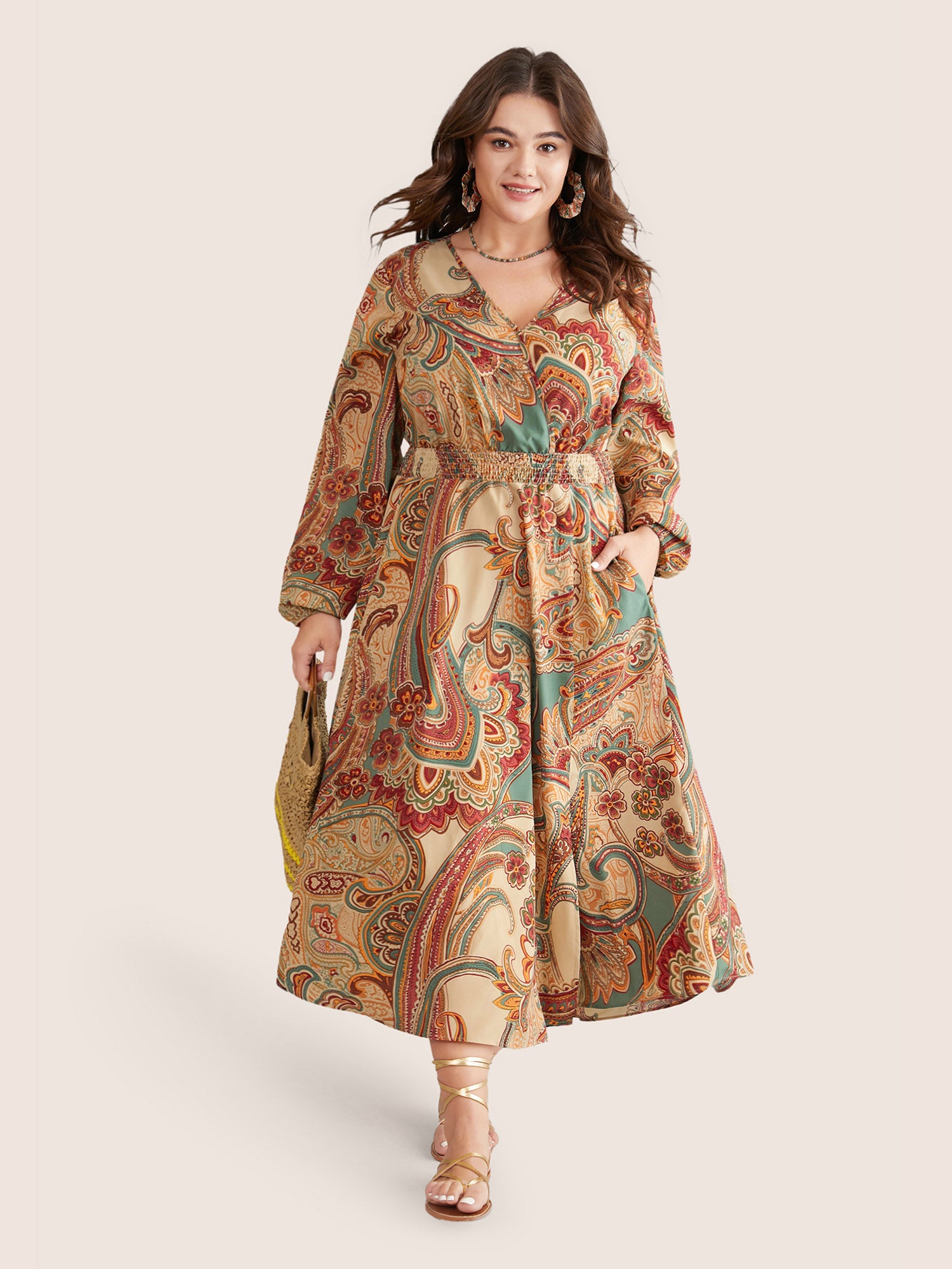 

Plus Size Women Vacation Paisley Elastic cuffs Lantern Sleeve Long Sleeve Overlap Collar Pocket Vacation Dresses BloomChic, Apricot