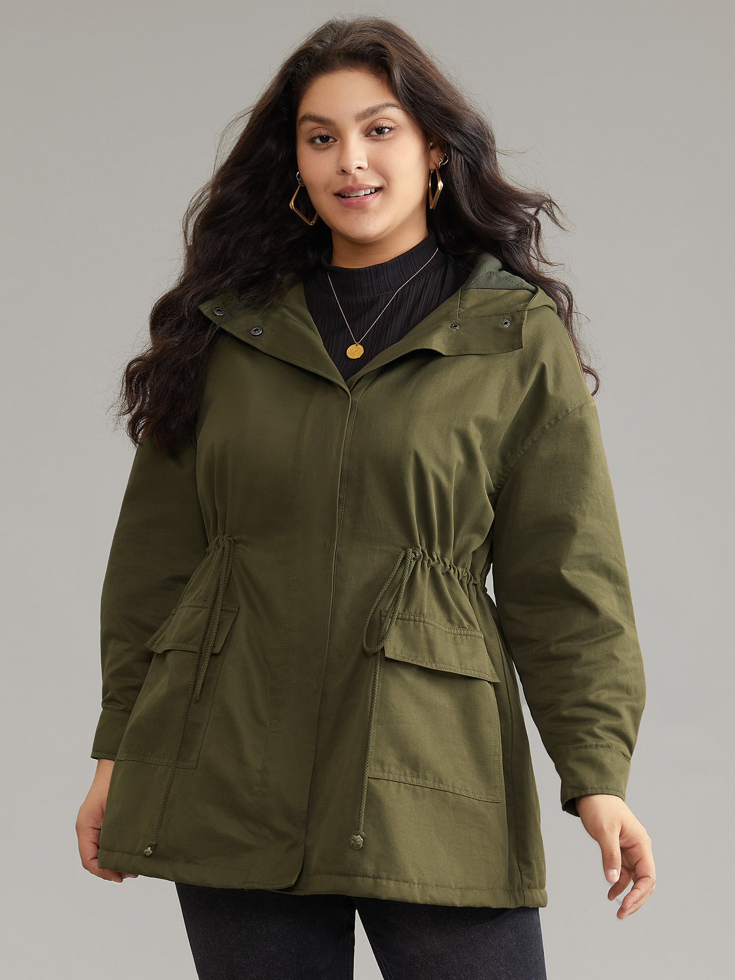 

Plus Size Women Dailywear Plain Lined Pocket Casual Coats BloomChic, Army green