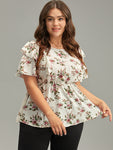 Floral Print Ruffle Trim Gathered Blouse