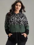 Leopard Colorblock Contrast Hooded Drawstring Sweatshirt