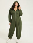 Solid Half Zip Hooded Gathered Jumpsuit