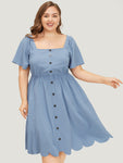 Pocketed Scalloped Trim Dress With Ruffles