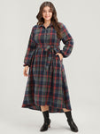 Tartan Shirt Collar Lantern Sleeve Belted High Low Hem Dress