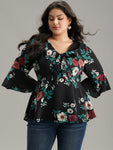 Floral Knot Twist Front Ruffle Sleeve Blouse