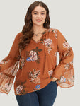 Floral Print Knot Neck Frill Trim Mesh Bell Sleeve Blouse