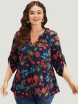 Floral Print Notched Tab Sleeve Blouse