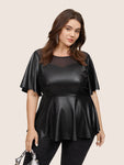 Pu Leather Mesh Patchwork Pearl Beaded Blouse