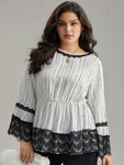 Dot Striped Contrast Lace Elastic Waist Blouse