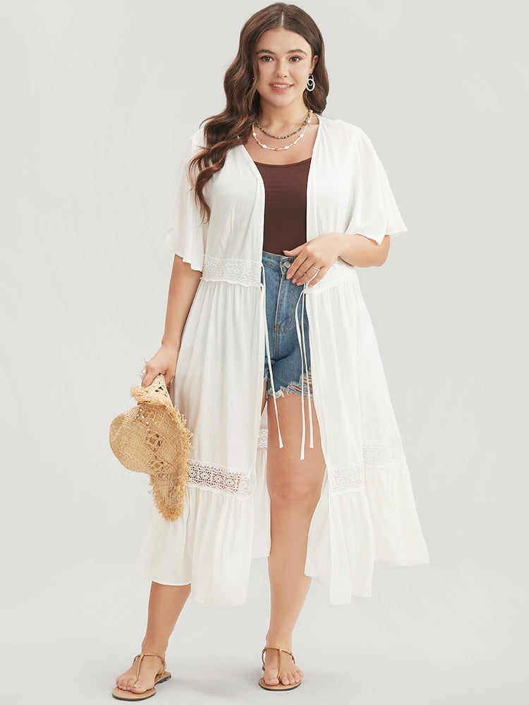 

Solid Ruffles Ties Up Lace Insert Open Front Kimono BloomChic, White