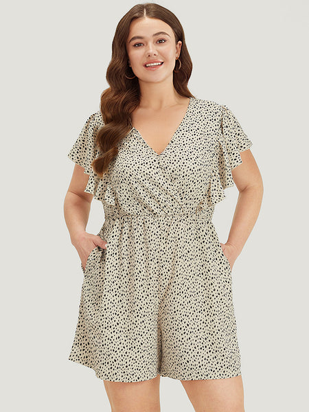 V-neck Cap Sleeves Pocketed Animal Leopard Print Jumpsuit With Ruffles