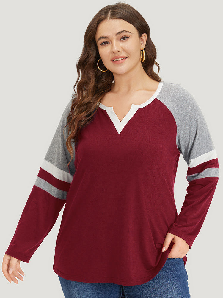 

Plus Size Women Dailywear Striped Patchwork Raglan sleeve Long Sleeve Notched collar Casual T-shirts BloomChic, Scarlet