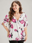 Floral Print Cuffed Sleeve Wrap Blouse