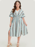 Batwing Sleeves Striped Print Pocketed Shirred Dress