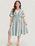 Pocketed Shirred Batwing Sleeves Striped Print Dress