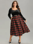 Christmas Plaid Velvet Belted Contrast Notched Dress