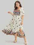 Bandana Print Square Neck Pocket Shirred Frill Trim Split Dress