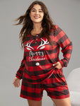 Christmas Print Plaid Button Up Sleep Top