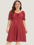 Polka Dot Pocket Drawstring Gathered Puff Sleeve Dress