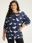 Halloween Bat Print Elastic Cuffs Cold Shoulder Sweatshirt