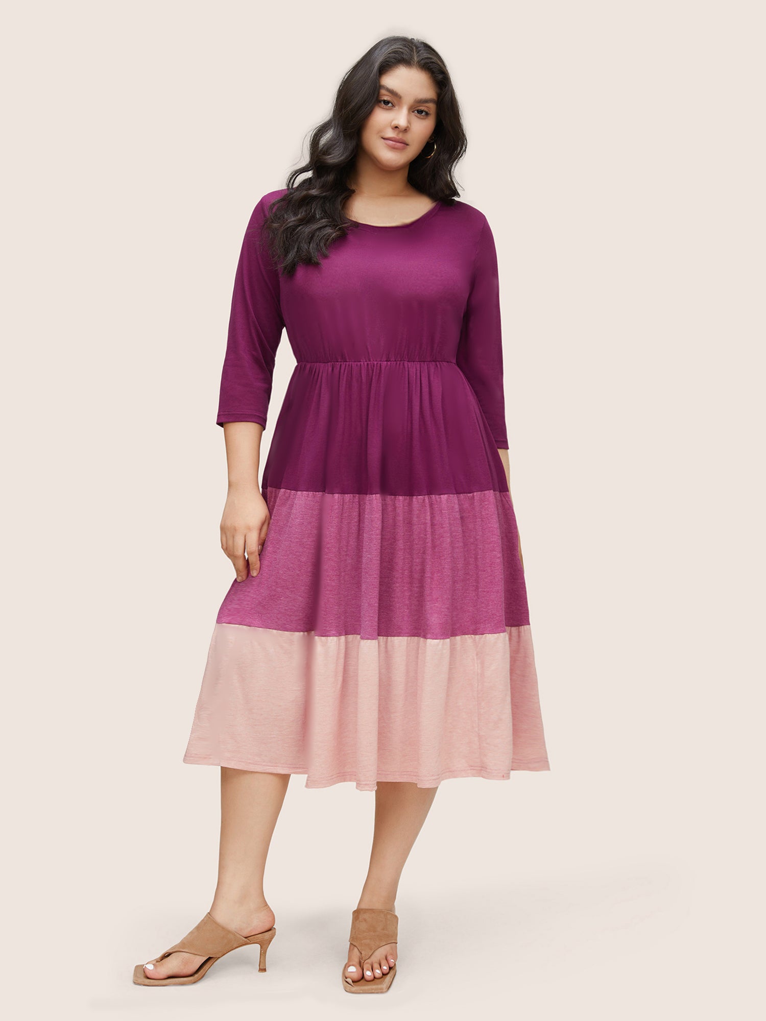 

Plus Size Women Dailywear Colorblock Gathered Regular Sleeve Elbow-length sleeve Round Neck Pocket Casual Dresses BloomChic, Purple