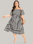 Belted Pocketed Off the Shoulder Striped Print Dress