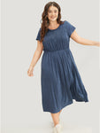 Round Neck Gathered Pocketed Dress With Ruffles