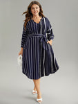 Notched Collar Striped Polka Dots Print Belted Dress