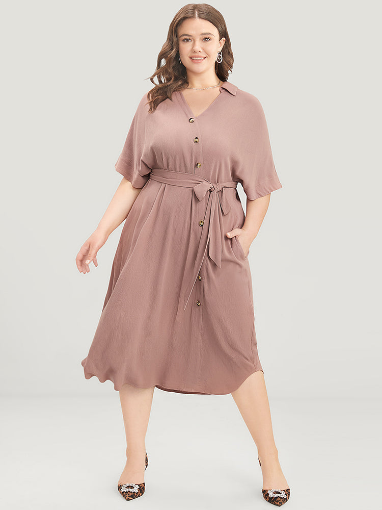 

Plus Size Women Workwear Plain Ties Dolman Sleeve Short Sleeve V Neck Pocket Belt Workleisure Dresses BloomChic, Dusty pink