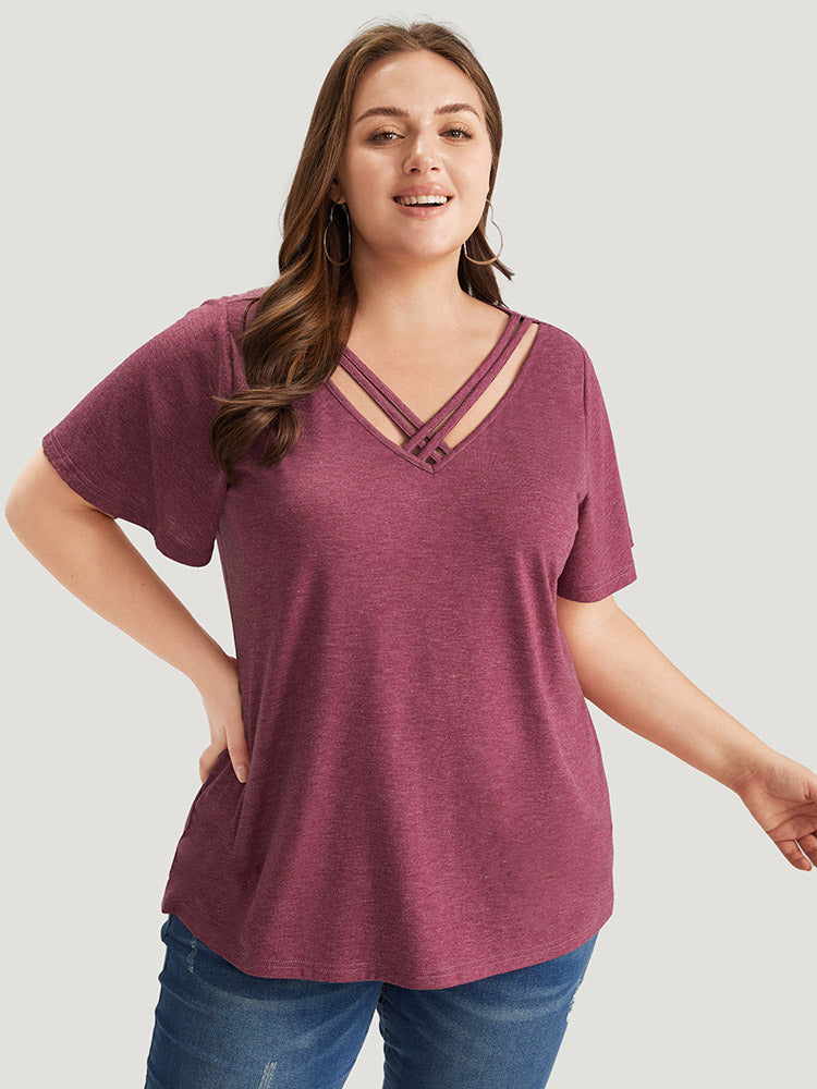 

Plus Size Women Dailywear Plain Heather Regular Sleeve Short sleeve V-neck Casual T-shirts BloomChic, Red-violet