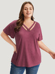 Plain Ruffle Sleeve Heather Crisscross Neck T shirt