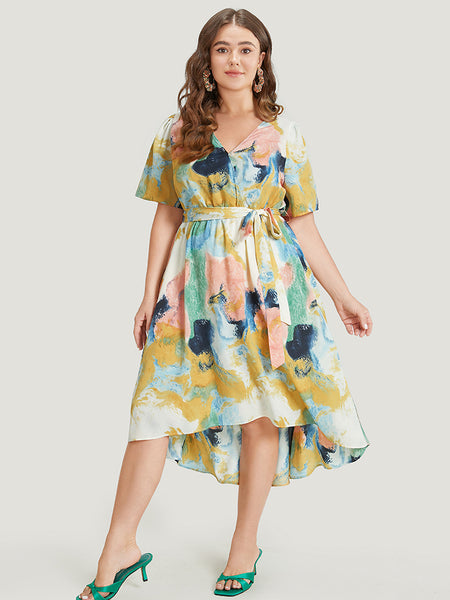 Tie Dye Print High-Low-Hem Pocketed Wrap Belted Dress With Ruffles