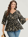 Floral Print Shirred Button Detail V Neck Petal Sleeve Blouse