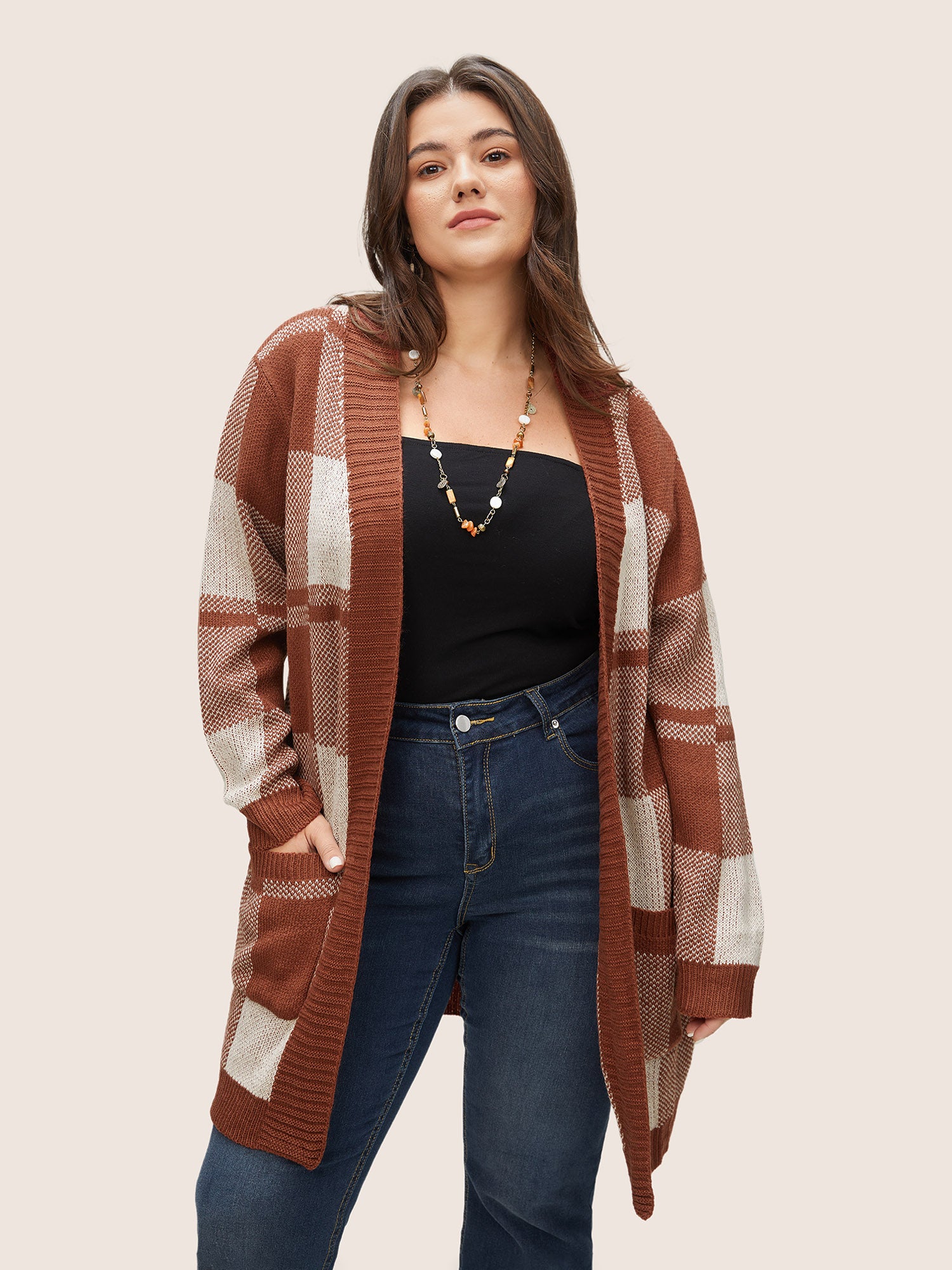 

Plus Size Cardigans | Contrast Colorblock Pocket Open Front Cardigan | BloomChic, Brown