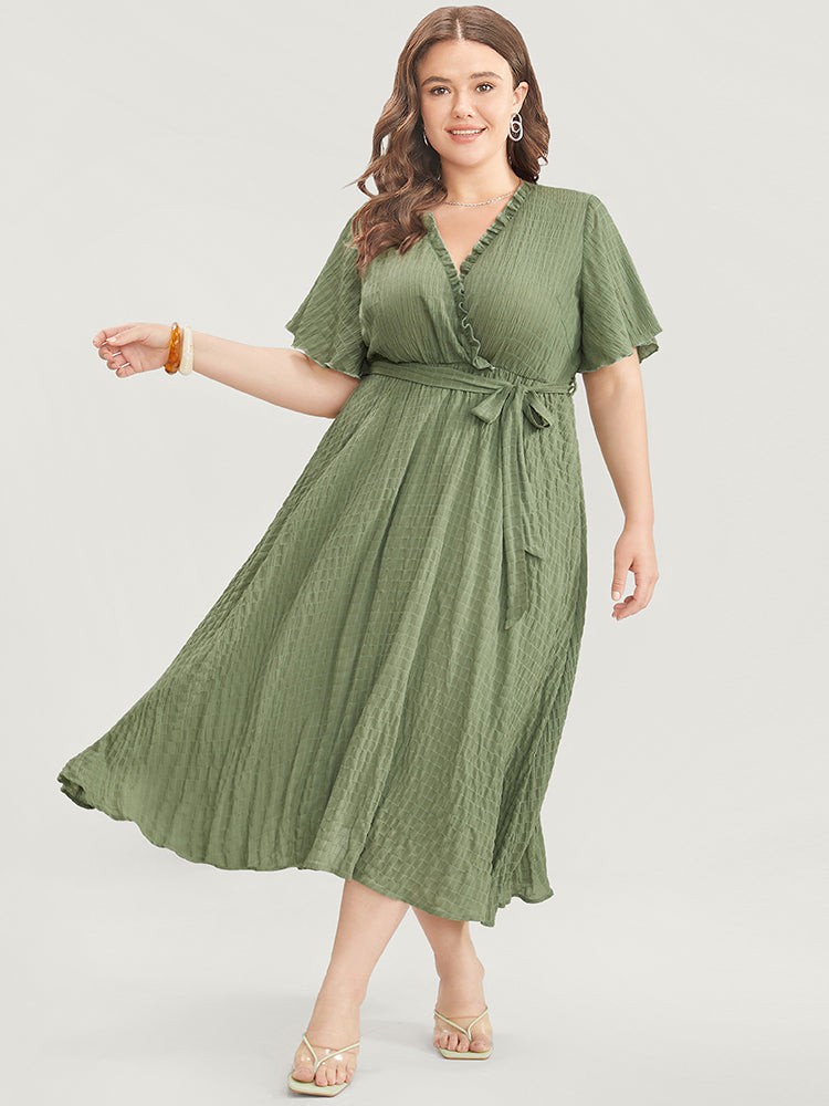 

Plus Size Women Dailywear Plain Belted Ruffle Sleeve Short Sleeve V Neck Pocket Belt Vacation Dresses BloomChic, Mint